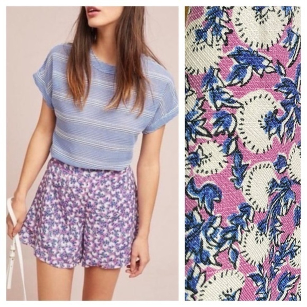 Anthropologie Ett:twa Purple Floral Linen Blend High Rise Ruffle Shorts XS
